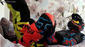 Gay biker treads boots in motocross costume fun