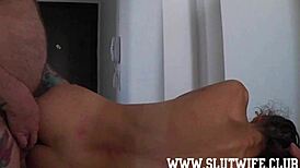 petite submissive slut candie cross gags on sloppy deepthroat and takes deep anal with fat older dude in lavatory