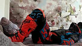 Gay biker treads boots in motocross costume fun