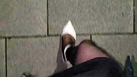 Asian Ladyboy in Heels Masturbates Outdoors in Office Attire