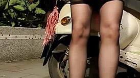 Asian Ladyboy in Heels Masturbates Outdoors in Office Attire