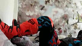 Gay biker treads boots in motocross costume fun