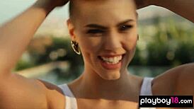 Classy short haired babe britt linn enjoys a naked outdoor swim after striptease