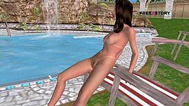 In this casual 3D cartoon, a cute girl masturbates with a bottle by the pool.