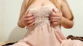 hottie in chic dress fondles big breasts outdoor public