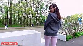 Jeny Smith Flashes in White Pantyhose Outdoors