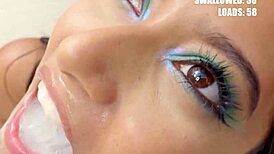 Pris angel swallows 101 huge mouthful cumshots in premium bukkake blowbang, cum on face and in mouth.