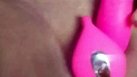 Massive squirt covers the camera with remote vibrator and dildo.