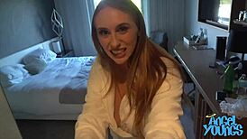 angel youngs takes big dick from hotel worker. blonde babe gets pounded in steamy room encounter.