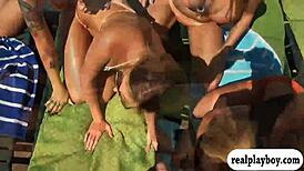 big boobs babes sharing a hard cock outdoors in bikinis