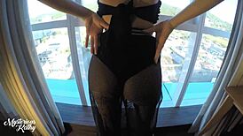 Step sister gets cum in pussy at hotel window while people watch! Mysterious Kathy moans loudly.