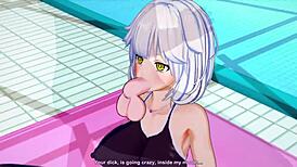 Detailed 3D cartoon scene at the pool featuring anime characters by badpoipoi