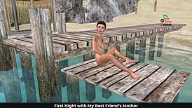 Cute girl masturbates on beach in 3D