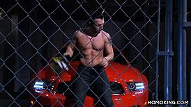 strong gay couple fucks hard on red car roof