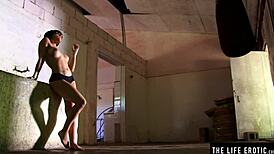 i watch athletic brunette masturbate in the boxing gym