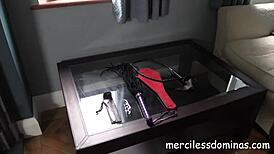 Goddess Sophia tests brutal tools for the most painful spanking session.