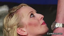 hot babe gets drenched in cum during intense blowbang action