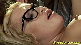 glasses babe bent over for anal doggystyle cum on ass.