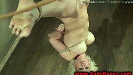 Bound, gagged BDSM whore getting slammed with dildo in rough session