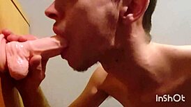 Gay Twink Joe Nuts Sucks His New Dildo Hard.