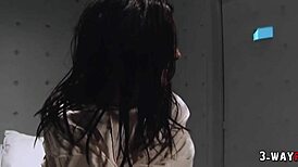 Brunette takes hard double penetration in wild 3-way anal.