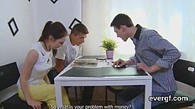 Penniless man watches feisty buddy screw girlfriend for cash