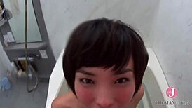 Cute short-haired Japanese wife gives sloppy bath blowjob, pure bliss awaits.