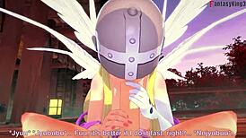 Bold Angelwomon Evolves To Fuck Three Digimon