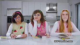 Nerdy girlfriends share cocks in book club foursome at night club