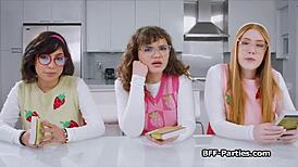 Nerdy girlfriends share cocks in book club foursome at night club