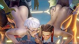 valoran, overwatch, and apex legends mashup gets wild. crazy pussy licking and creampie action everywhere.