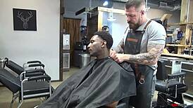 Rocco steele pounds romance bareback in barbershop, muscular bodybuilder bent over for interracial big cock rimjob.