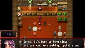 Redhead milf blocks with giant tits in harem game.