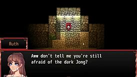 Redhead milf blocks with giant tits in harem game.