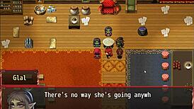 Redhead milf blocks with giant tits in harem game.