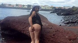 My Seductive Stepmom Lounges on a Bustling Public Beach, Petite and Natural