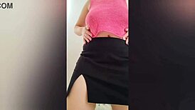Sexy student with perfect body and big tits films herself in black skirt on camera