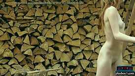 Tiny Teen Playboy Model Kate Great Strips Naked Outdoors. Wow, Chopping Wood!