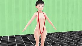 Anime girl swims in micro bikini