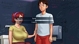Innocent redhead student Judith explores the bathroom in Summertime Saga