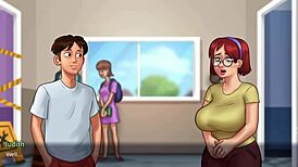 Innocent redhead student Judith explores the bathroom in Summertime Saga