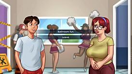 Innocent redhead student Judith explores the bathroom in Summertime Saga