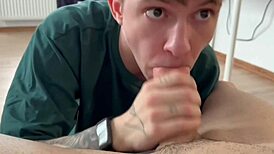 Seduced big dick guy cums on twink