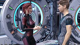 Stranded in space holding hands with asian scientist milf