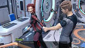 Stranded in space holding hands with asian scientist milf