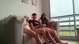 estamos aburridos de tv, so my stepsisters jerk me off for sex