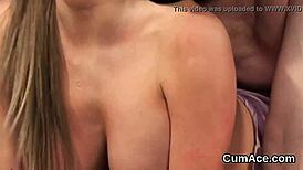 Nasty beauty receives cumshot on face, swallowing every load suggestively