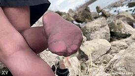 Goddess Teases with Feet in Tan Pantyhose in Spring Forest