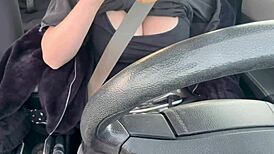 Italian big tits milf flashes her boobs while driving outdoors