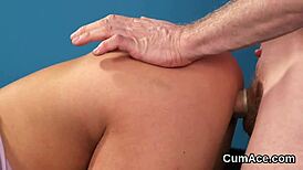 Nasty beauty receives cumshot on face, swallowing every load suggestively